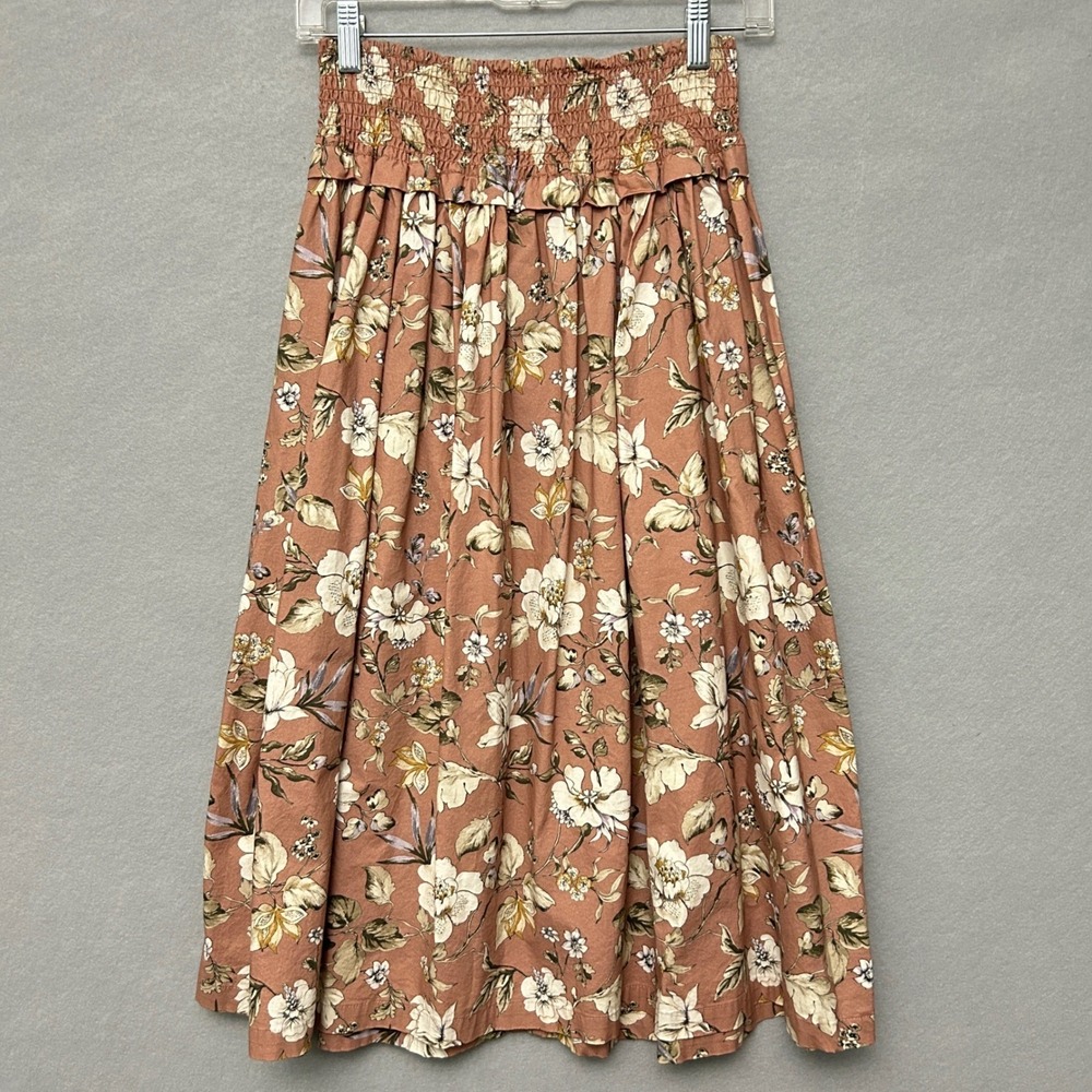 Antonio Melani Womens XS Midi Skirt Dusty Pink Floral Smocked Waist Boho Fairy